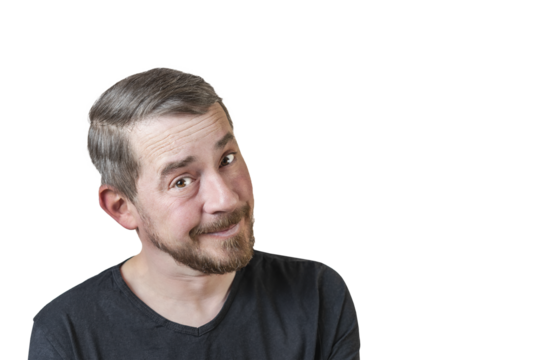 Portrait of an attractive bearded man of European appearance, with a slight gray hair, on an isolated white background. Naive facial expression. Expression of emotions of a man.