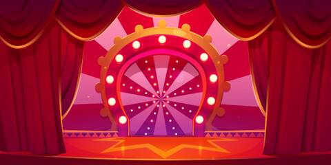 Cartoon circus stage vector background. Carnival arena with red vintage theater curtain. Cirque show scene festival illustration. Empty marquee podium. Festive theatre platform with curtain neon light © klyaksun
