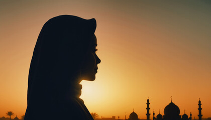 Silhouette of prayer girl and mosque in sunset.Generative AI - obrazy, fototapety, plakaty