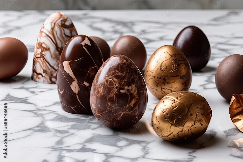 Poster chocolate eggs arranged on a table with a colorful background. generative ai