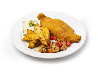 Crispy Breaded fish fillet with wedges , mushroom,  tartar sauce and cherry tomatoes 