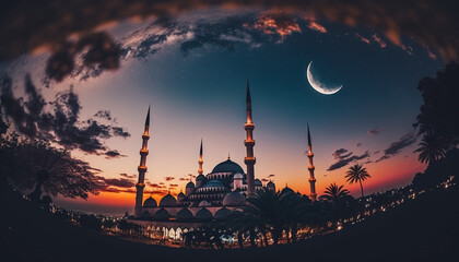 Fototapeta na wymiar Mosque sunset sky, moon, holy night, islamic night and silhouette mosque, islamic wallpaper. Generative AI.