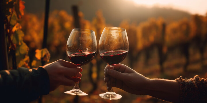 couple Hand holding wine glass in wineyard Generative AI