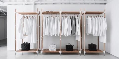 male clothes on hangers in white room Generative AI