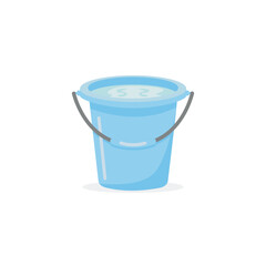 Bucket icon. Single blue color plastic bucket filled with water isolated on white background. Designed in flat cartoon style. Graphic vector illustration.