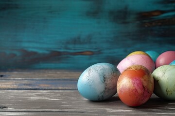 colorful Easter eggs arranged on a rustic wooden table. Generative AI