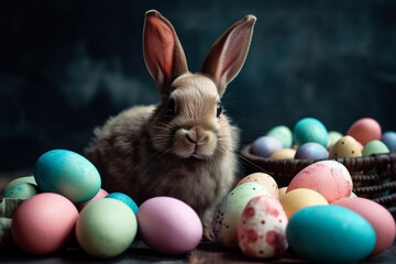 Fototapeta na wymiar Eastar bunny with colorful Easter eggs. Generative ai.