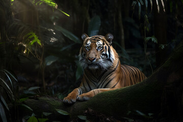 Tiger in dark jungle. Generative ai