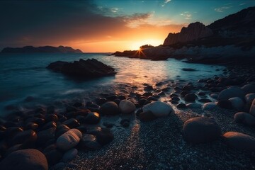Fototapeta na wymiar rocky beach at sunset with warm colors and a calm ocean. Generative AI