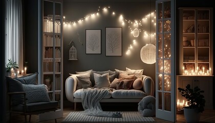 Scandinavian style living room interior at night with strings of light. Generative AI
