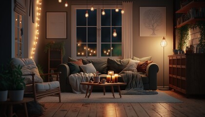 Scandinavian style living room interior at night with strings of light. Generative AI