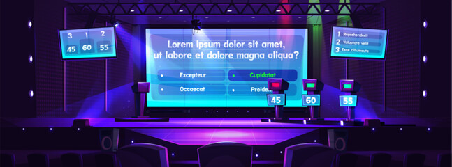 Quiz game show with question option cartoon background. Tv contest stage with screen. Television program to guess right answer on podium with tribune and spotlight. Front view entertainment broadcast. © klyaksun
