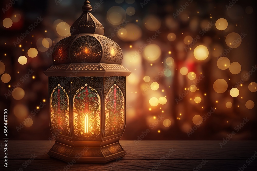 Poster lantern on wooden table with bokeh background. ramadan kareem concept. generative ai