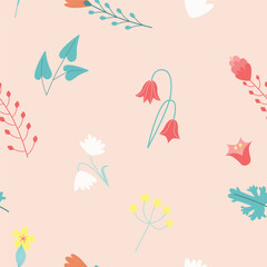 Obraz na płótnie Canvas Garden flower, plants, botanical, seamless pattern vector design for fashion, fabric, kids, wallpaper and all prints on pink background color. Cute pattern in small flower. Small spring, colorful flo