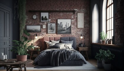Scandinavian interior style bedroom with brick wall and double bed. Generative AI