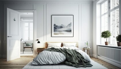 Bright scandinavian interior style bedroom with white walls and double bed. Generative AI
