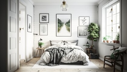 Bright scandinavian interior style bedroom with white walls and double bed. Generative AI