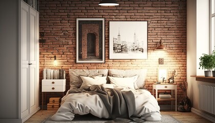 Scandinavian interior style bedroom with brick wall and double bed. Generative AI