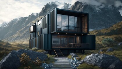 Luxury container house with snowy mountains in the background. Generative AI