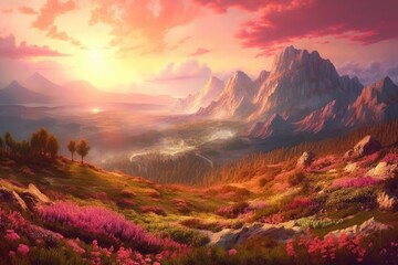 Fototapeta na wymiar mountain landscape with blooming pink flowers. Generative AI