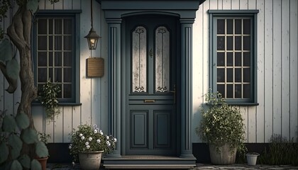 Fototapeta na wymiar Scandinavian style house front door with steps and plants. Generative AI
