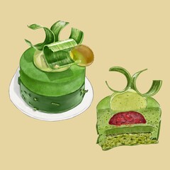 Watercolor Painting of Matcha Raspberry Mousse Cake