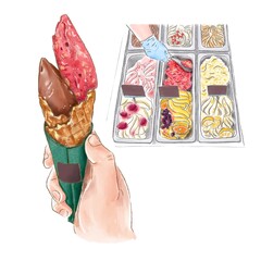 Watercolor Painting of Strawberry and Chocolate Gelato