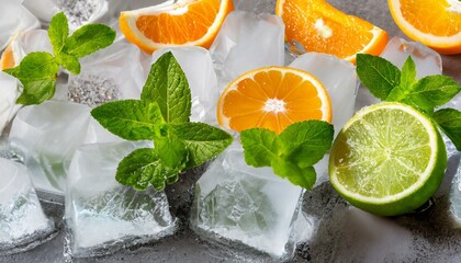 High-Quality Closeup of Orange and Mint Ice Cubes - Texture and Detail