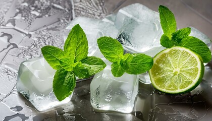 Fototapeta na wymiar High-Quality Closeup of Lime and Mint Ice Cubes - Texture and Detail