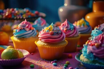 Fototapeta na wymiar Whimsical Rainbow Cupcakes on a Rainbow Candy Land Fantasy background - Generative AI Illustration 