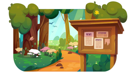 Cartoon summer park with announcement board. Vector illustration of beautiful public garden with footpath between trees, green grass, blooming flowers, butterflies and birds flying. Web banner design