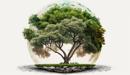 Planet earth with green tree on white background,  world earth day poster, banner, card,  APRIL 22, Saving the planet, environment,  Planet Earth, Generate Ai