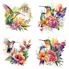 Watercolor colorful hummingbird with tropical flowers