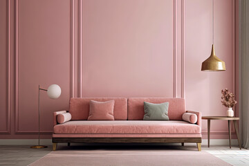 sofá rosa en una sala de estar moderna. Diseño de interior contemporáneo con pared de menta y mesa de café de madera. Interior del hogar con póster. IA generativa