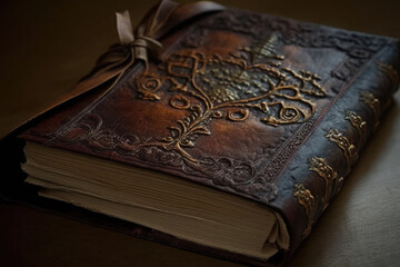 Fototapeta premium a very old notebook with a beautiful noble brown book cover created with Generative AI technology