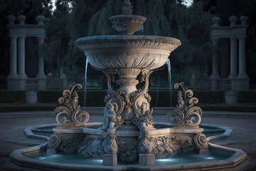 very beautiful large ornamental stone fountain elaborately decorated stands in a large green area created with Generative AI technology