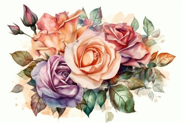 colorful watercolor painting featuring a stunning bouquet of roses. Generative AI