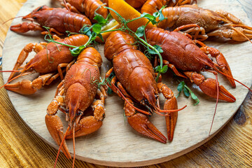 River boiled crayfish. Red cooked crayfish. Plate with crayfish.