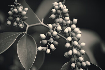 black and white illustration, berries hanging from small branches created with Generative AI technology