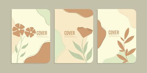 set of book cover designs with hand drawn floral decorations. abstract botanical background. A4 size For notebooks, school books, planners, brochures, books, catalogs
