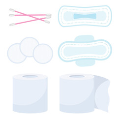 Vector image of pads, ear sticks, cotton pads. Hygiene items and baths. The concept of cleanliness and self-care. Beautiful elements for your design.
