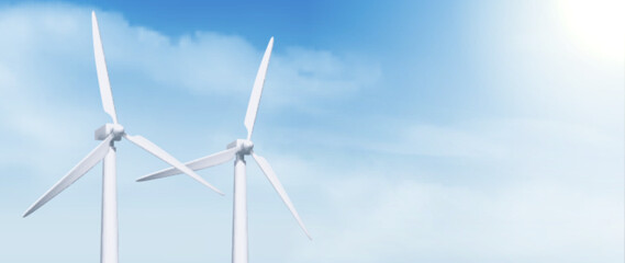 3d white wind mill power turbine on sky background. Windmill station to create alternative energy banner business concept. Realistic renewable sustainable electricity generation billboard layout. - obrazy, fototapety, plakaty