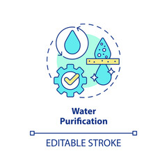 Water purification concept icon. Processing of hydro sources. Aqua treatment abstract idea thin line illustration. Isolated outline drawing. Editable stroke. Arial, Myriad Pro-Bold fonts used
