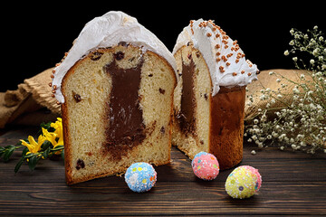 Traditional Easte Treat, Homemade Paska with Colorful Eggs
