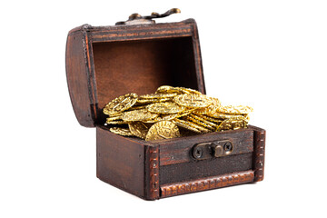Treasure Chest Filled with Golden Coins on a White Background