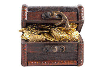 Treasure Chest Filled with Golden Coins on a White Background