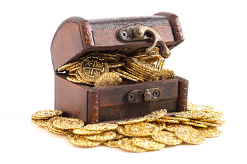 Treasure Chest Filled with Golden Coins on a White Background