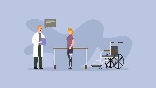 Doctor helps female patient with prosthesis