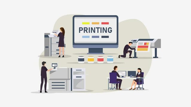 People meeting and working at printing house