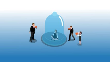 Businesswoman sitting inside glass dome meditating surrounded by people screaming in megaphones